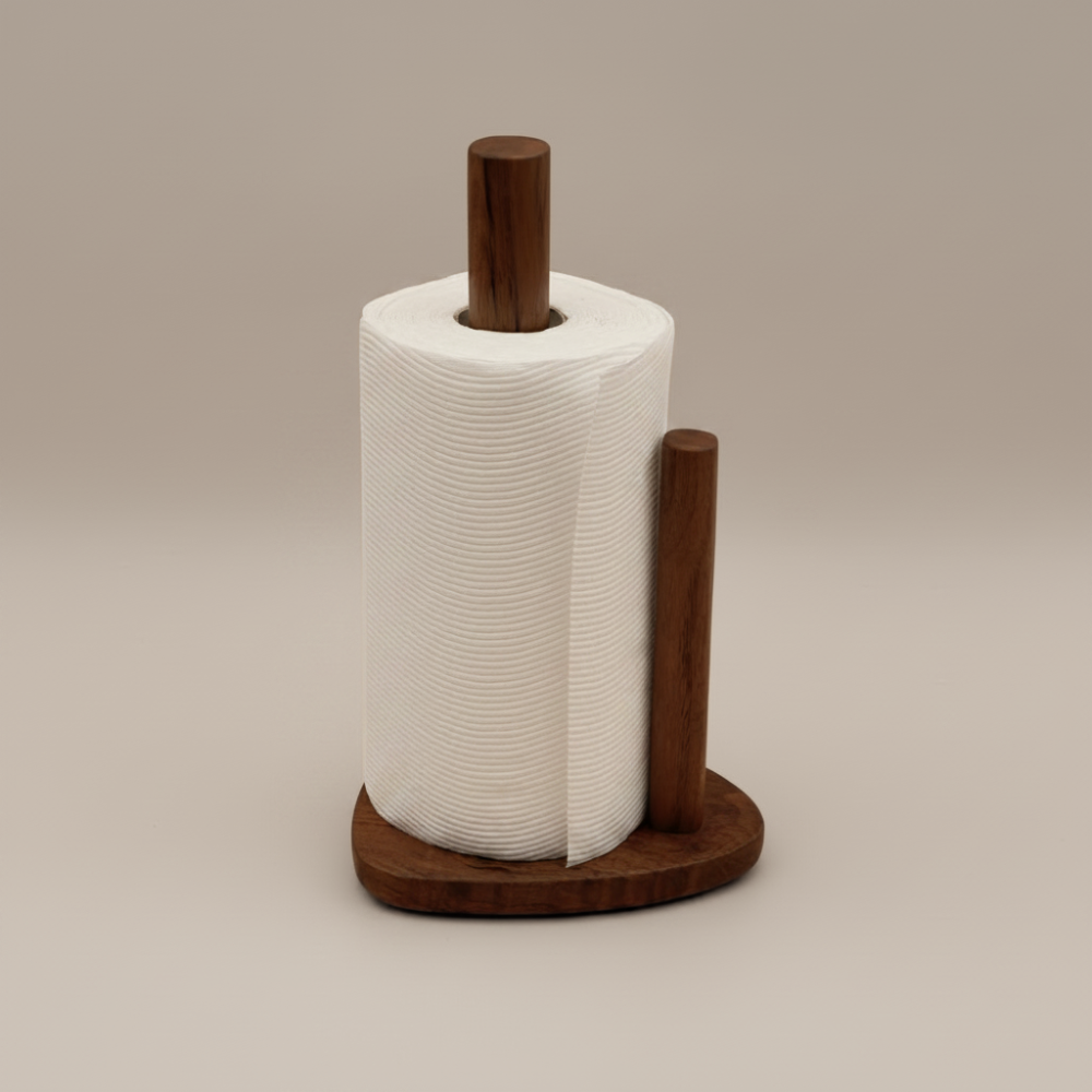 Wooden paper towel holder with a roll of white paper towels on a beige background