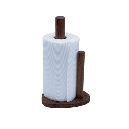 Wooden paper towel holder with a roll of white paper towels on a white background