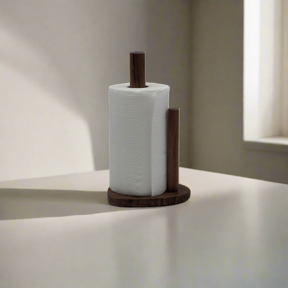 Wooden paper towel holder with a roll of paper towels on a neutral background