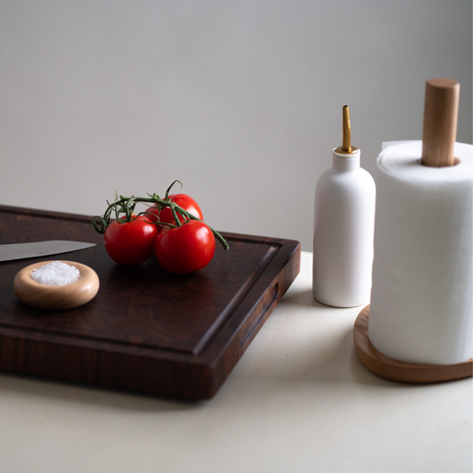 Onslow Salt Dish in Oak filled with sea salt, styled on a neutral countertop with matching timber kitchen accessories.