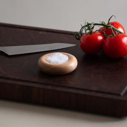 Onslow Salt Dish in Oak filled with sea salt, styled on a neutral countertop with matching timber kitchen accessories.
