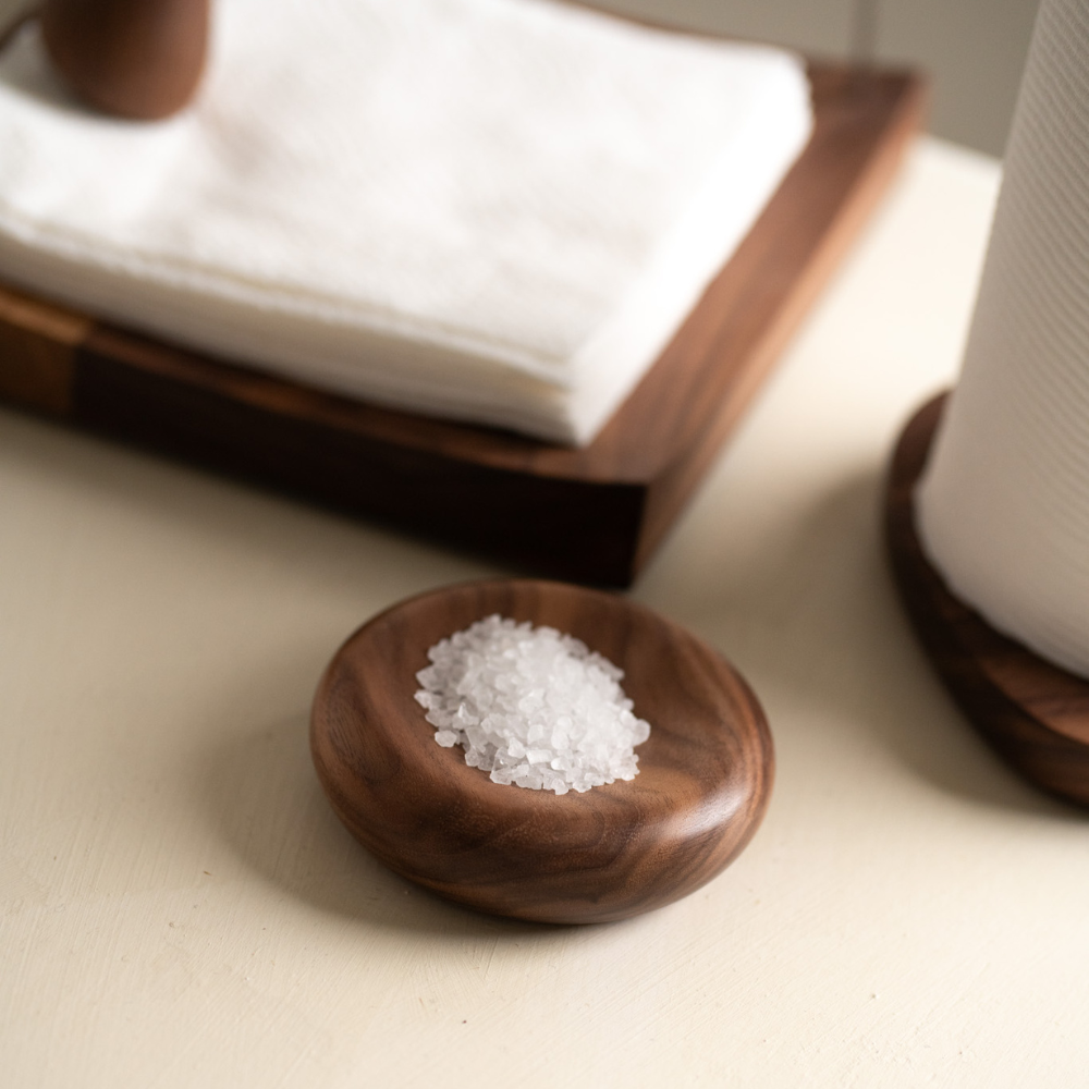 Onslow Salt Dish in Walnut filled with sea salt, styled on a neutral countertop with matching timber kitchen accessories.
