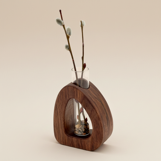 Wooden vase with glass insert containing willow branches on a beige background