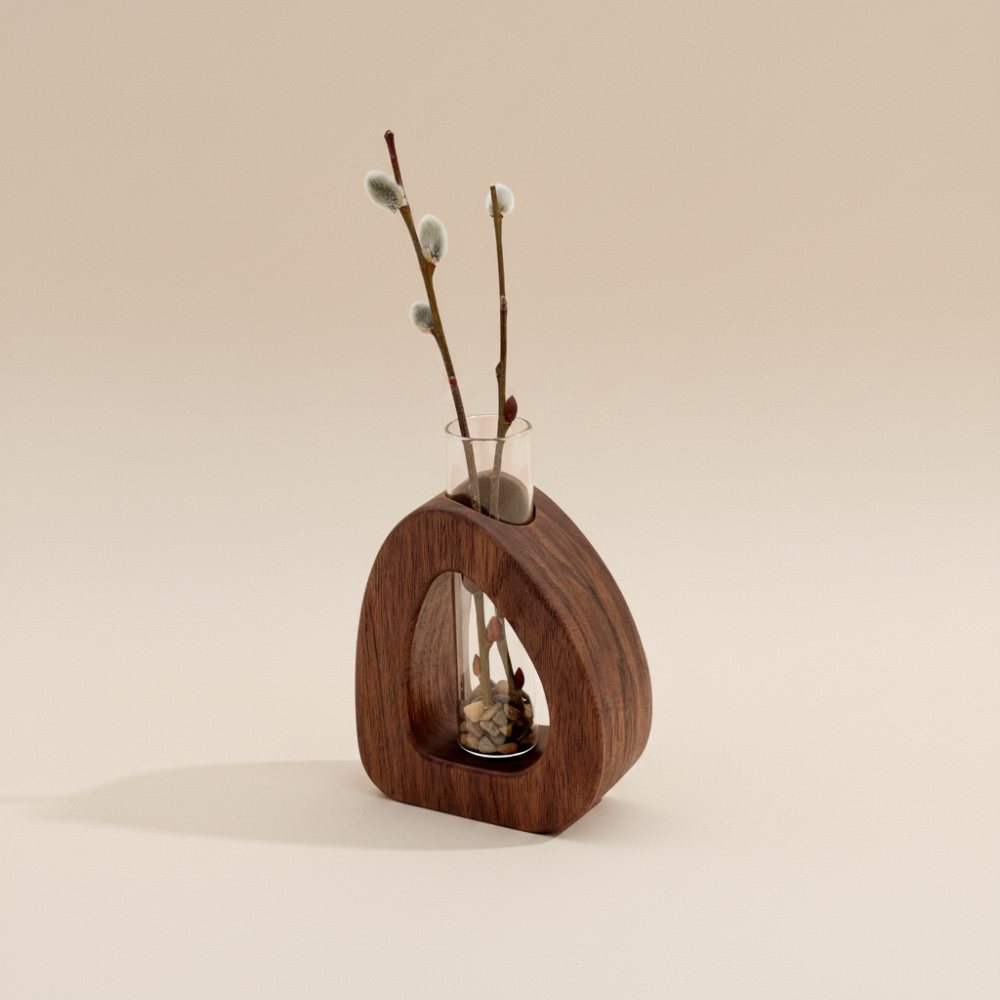 Wooden vase with glass insert and willow branches on a beige background