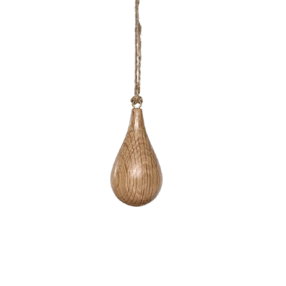 Oak timber teardrop shaped ornament with jute loop. Australian handmade Christmas tree decoration