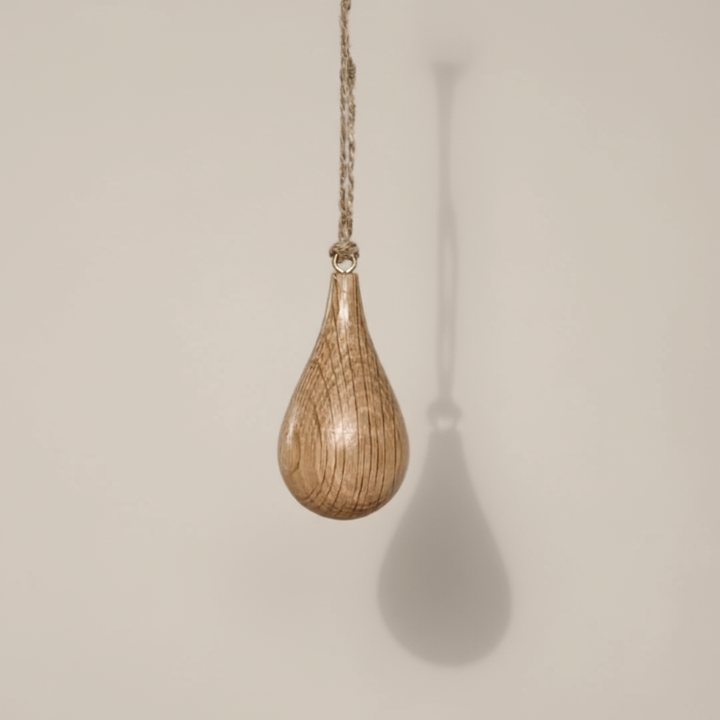 Minimalist teardrop shape ornament in oak wood with jute string. Handcrafted Christmas ornaments by Pebble Studio