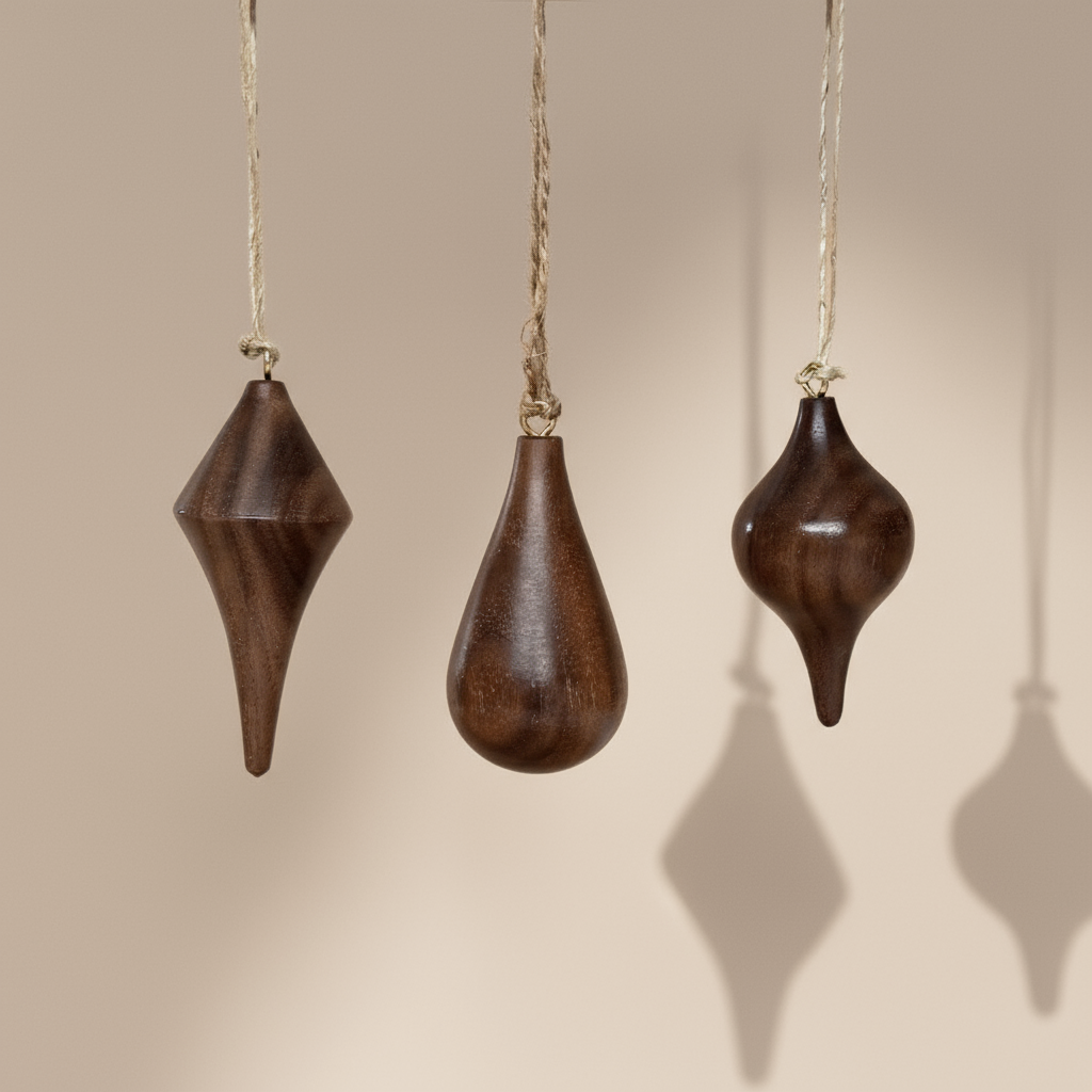 Hand turned Christmas ornaments in Walnut.  Made in Australia for slow living.