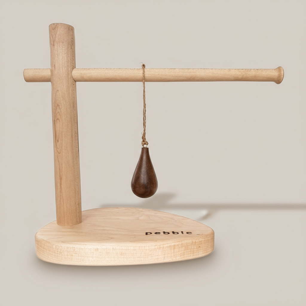 Hand turned walnut timber ornament in teardrop shape with jute loop. Pebble Studio sustainable Christmas decor