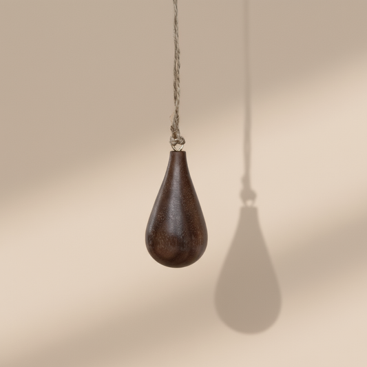 Hand turned walnut timber ornament in teardrop shape with jute loop. Pebble Studio sustainable Christmas decor