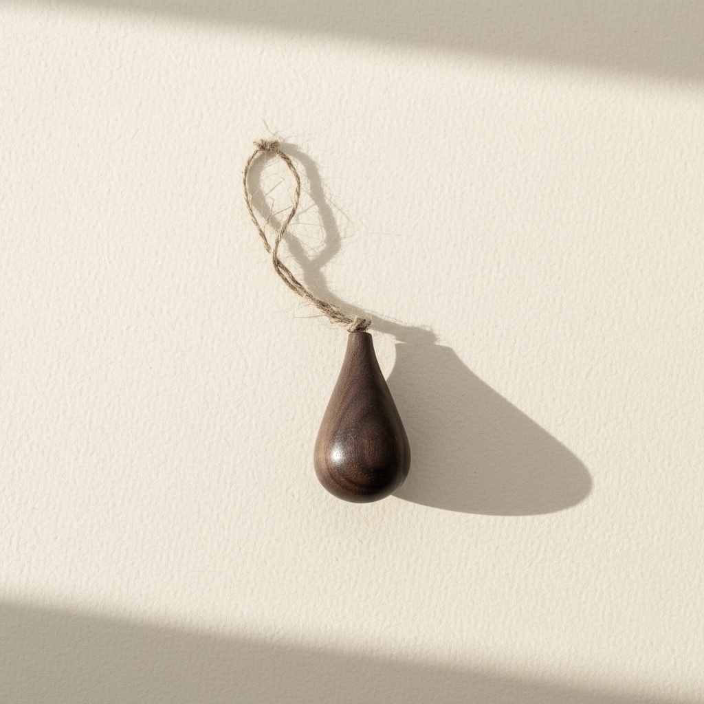 Hand turned walnut timber ornament in teardrop shape with jute loop. Pebble Studio sustainable Christmas decor