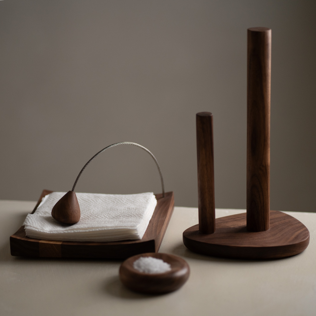 Onslow Salt Dish in Walnut filled with sea salt, styled on a neutral countertop with matching timber kitchen accessories.