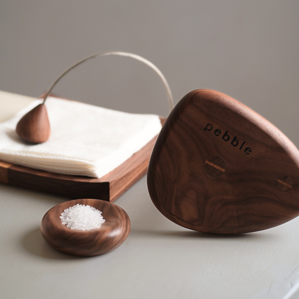 Onslow Salt Dish in Walnut filled with sea salt, styled on a neutral countertop with matching timber kitchen accessories.