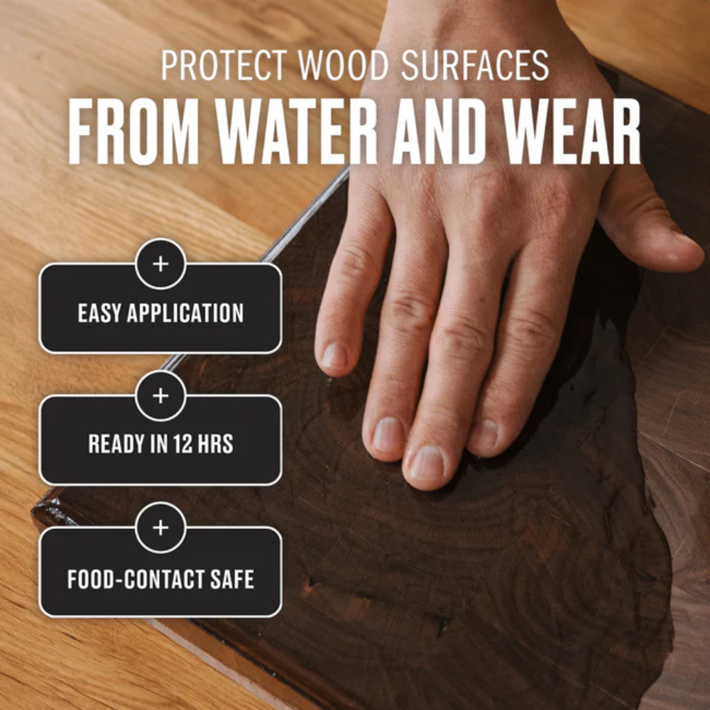 Hand applying Walrus Oil Cutting Board Oil to a wooden surface with text about protecting wood surfaces from water and wear.