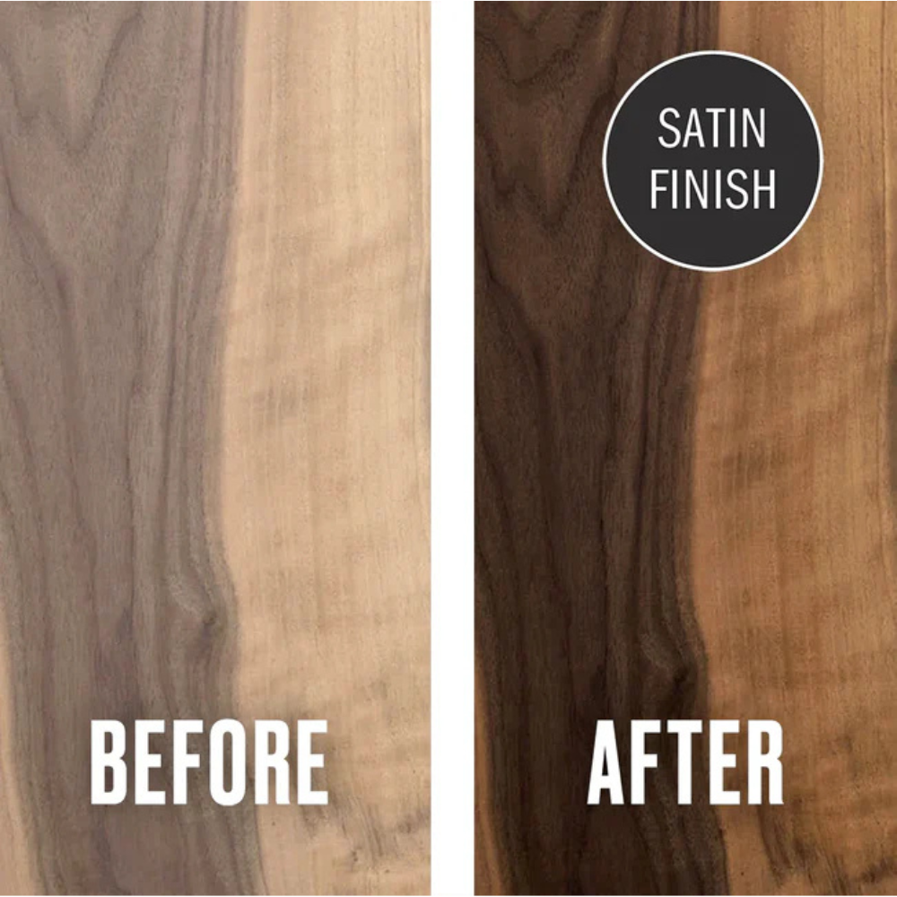 Comparison of wood finish before and after applying a satin finish.