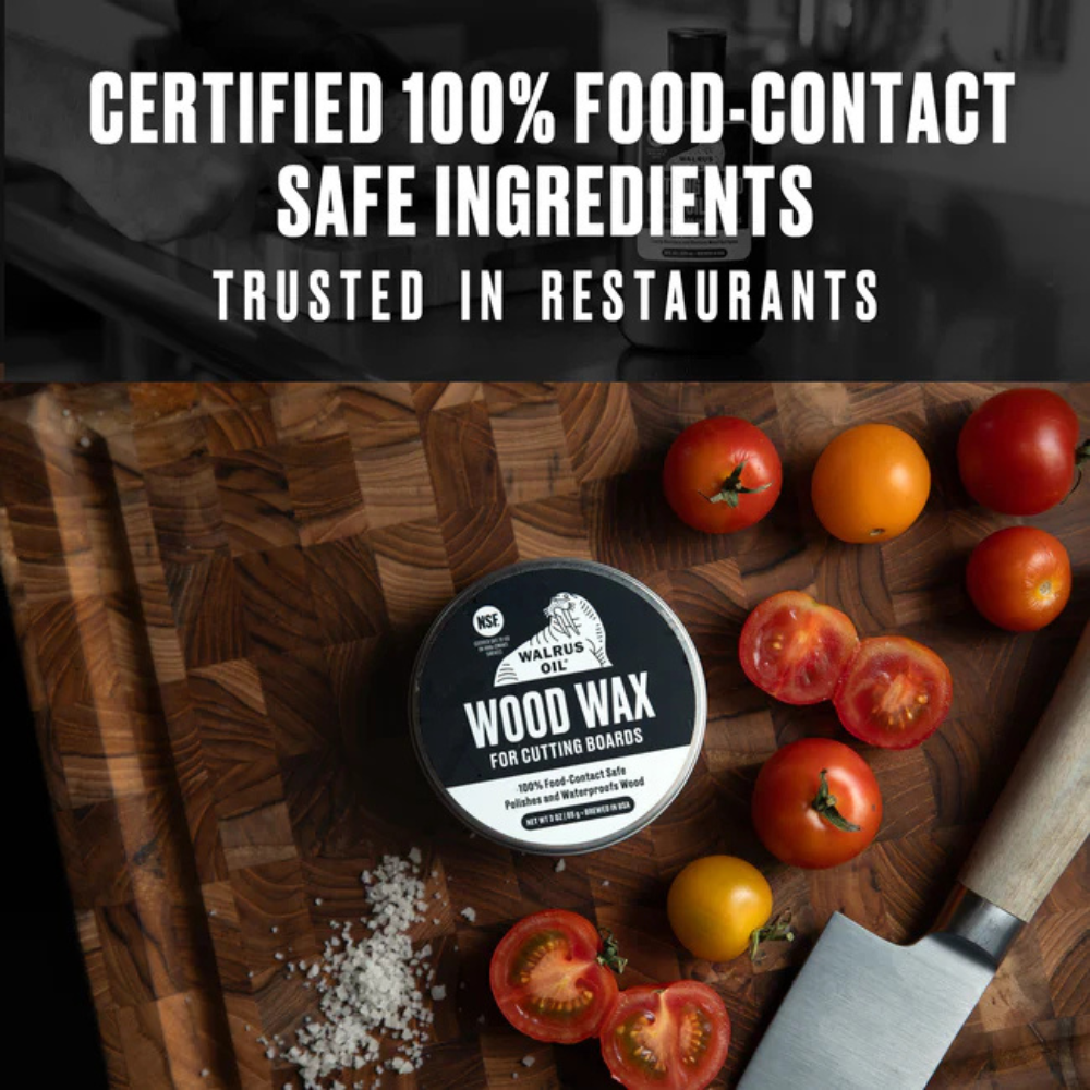 Wood wax container on a cutting board with tomatoes and a knife, text about food-contact safe ingredients.