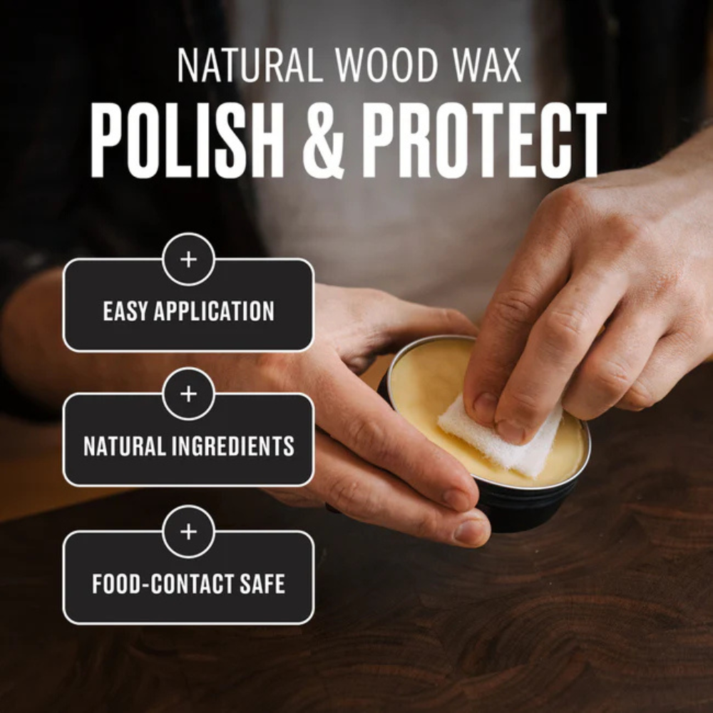 Person applying natural wood wax with text highlighting features like easy application, natural ingredients, and food-contact safety.