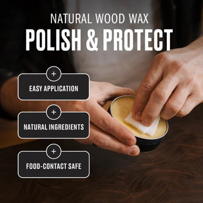Person applying natural wood wax with text highlighting features like easy application, natural ingredients, and food-contact safety.