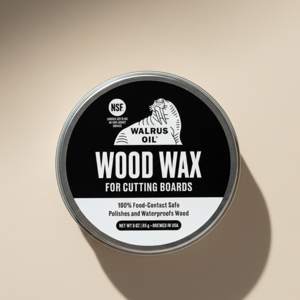 Can of Walrus Oil Wood Wax on a beige background