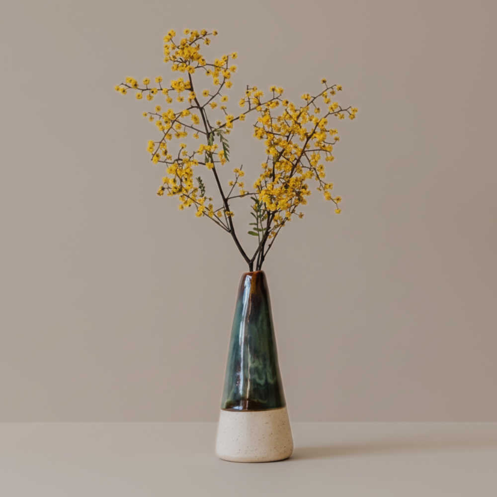 Tapered ceramic bud vase with yellow flowers on a neutral background