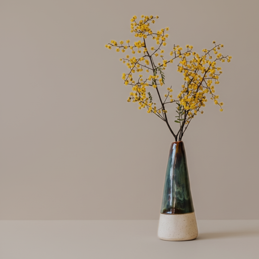 Ceramic bud vase with yellow flowers on a beige background