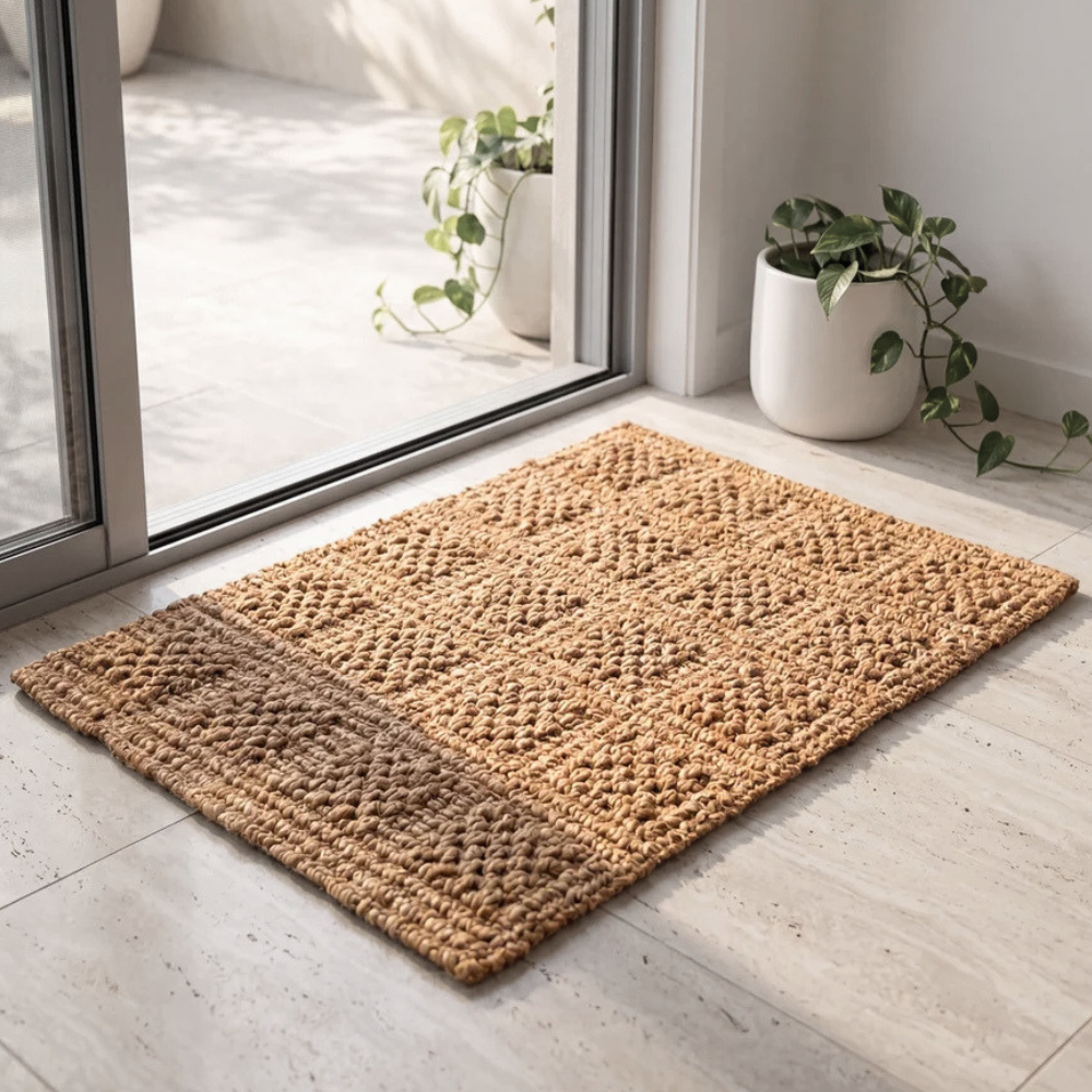 Armstrong rectangular woven jute doormat with a textured geometric pattern, placed on a light stone floor in front of a glass sliding door with potted plants nearby.