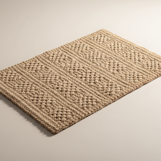 Textured beige rug on a plain background