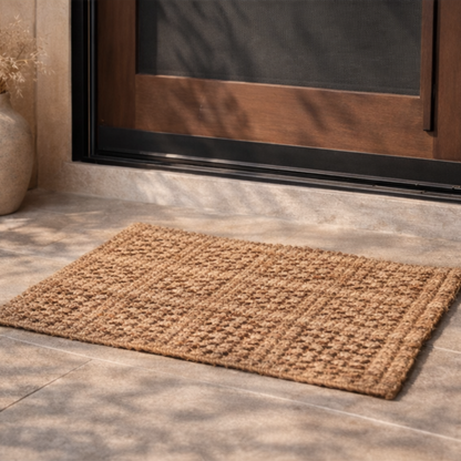 Doormat on a tiled floor in front of a wooden door