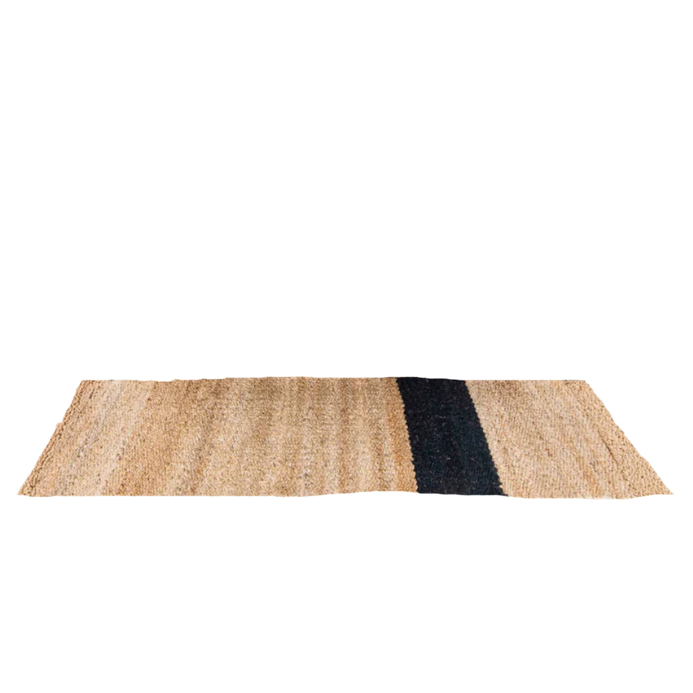Doormat with a natural fiber texture and a black stripe on a white background