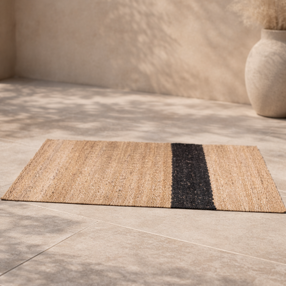 Doormat with a black stripe on a tiled floor