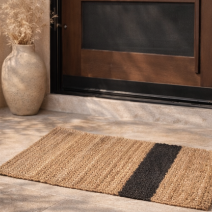 Doormat with a black stripe in front of a front door.
