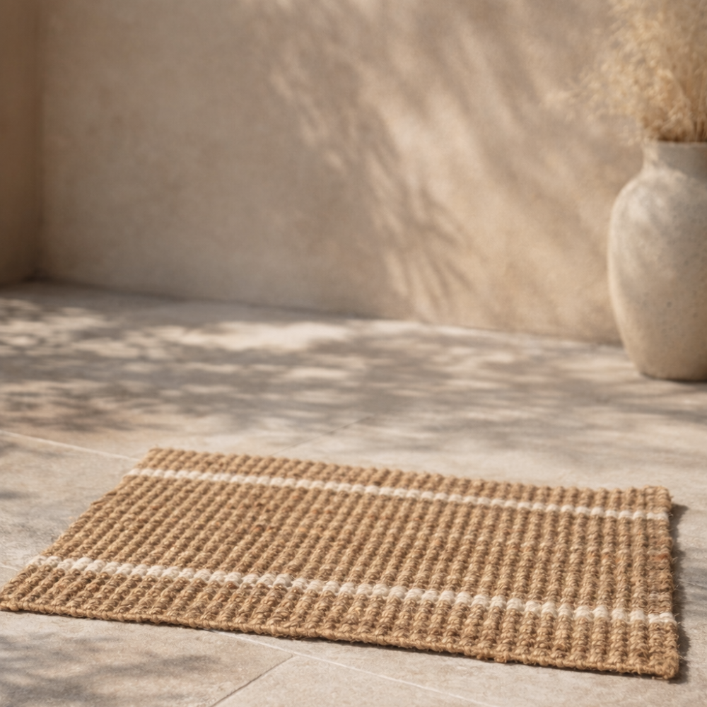 Jute woven doormat with white stripes on a tile floor.