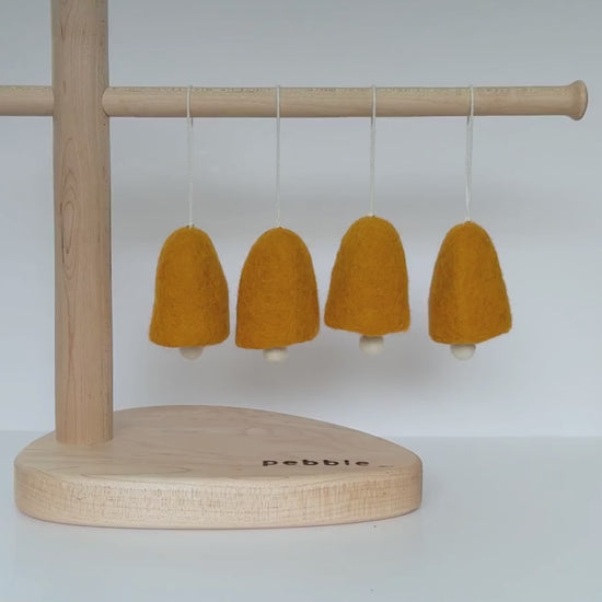Golden saffron wool felt bell ornaments with snow-white felt clapper and jute loop- handmade Christmas decoration