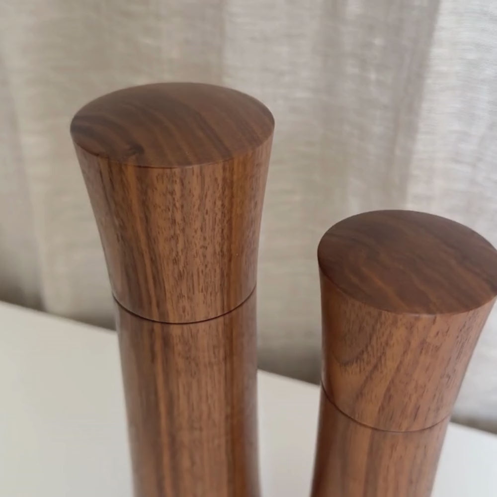Pebble Studio handcrafted Walnut salt & pepper mills in Medium and Large sizes